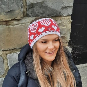 Fancy Hearts, Valentine&#39;s day headband, earwarmer, easy knitting pattern, hearts, red and white, fair isle, icelandic, straight or circular