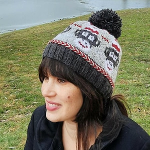 May include: A gray and white knit hat with a red and white trim and a black pom-pom. The hat features a repeating pattern of cartoon faces.