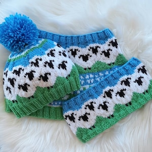 Leanna 3 PKG PATTERN SPECIAL, knitting patterns, matching set, sheep, herd of sheep, animal design, adult, fair isle, colorwork, circular