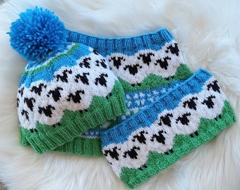 Leanna 3 PKG PATTERN SPECIAL, knitting patterns, matching set, sheep, herd of sheep, animal design, adult, fair isle, colorwork, circular