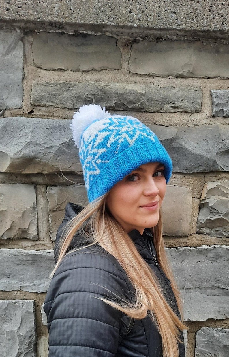 Skylar, snowflake hat, beanie, toque, beginner knitting pattern, stranded colorwork, adult, winter apparel, blue and white, seamless, womens image 1