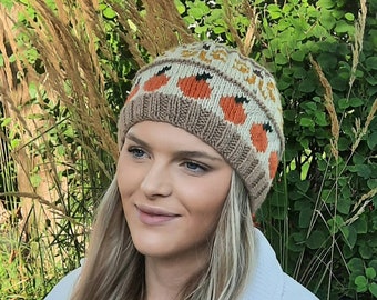 Autumn, fall season, beanie, hat, adult, fall colors, women's, fall inspire, toque, fair isle, norweigan, colorwork, pumpkin, sunflower