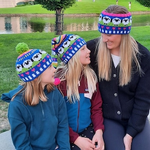 3 PKG Counting Sheep Adult and Child, matching hats, headbands and stocking hats, fair isle design, knit in the round, colorwork, seamless