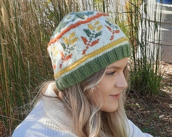 Fall inspired beanie, knitting pattern, womens, teens, leaf, autumn, fall, crown design, norweigan, stranded knitting, Icelandic