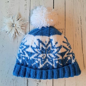 Skylar, snowflake hat, beanie, toque, beginner knitting pattern, stranded colorwork, adult, winter apparel, blue and white, seamless, womens image 4