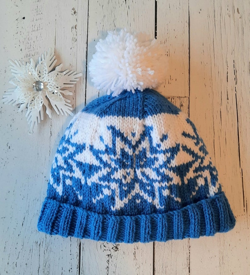 Skylar, snowflake hat, beanie, toque, beginner knitting pattern, stranded colorwork, adult, winter apparel, blue and white, seamless, womens image 4