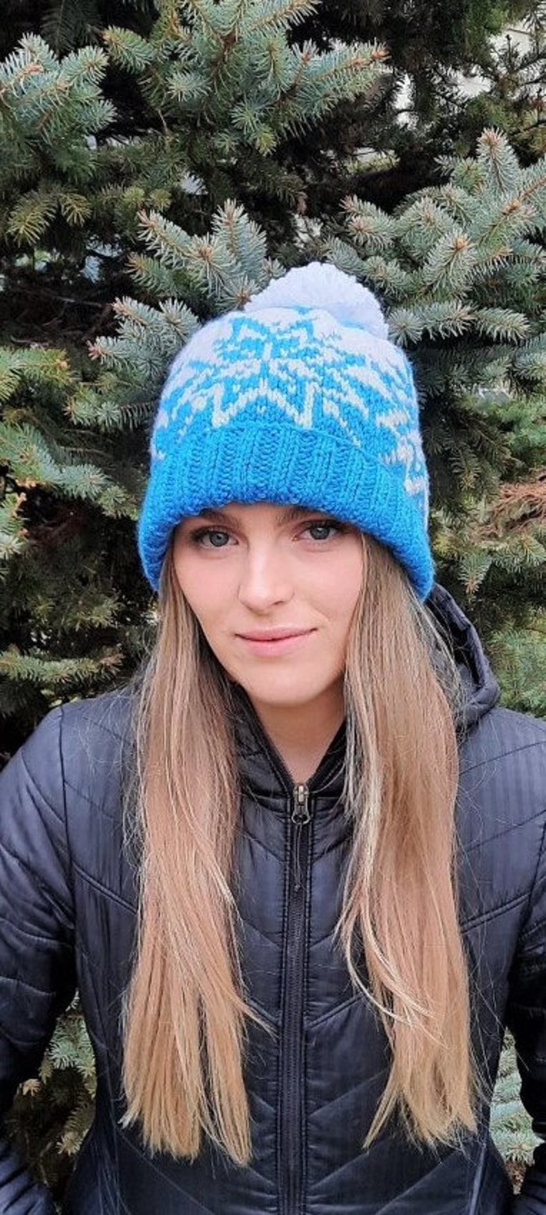 Skylar, snowflake hat, beanie, toque, beginner knitting pattern, stranded colorwork, adult, winter apparel, blue and white, seamless, womens image 7