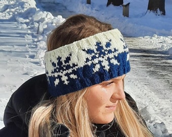 Sensational Snowflakes, winter headband, beginner knitting pattern, earwarmer, women's, icelandic, fair isle, stranded colorwork