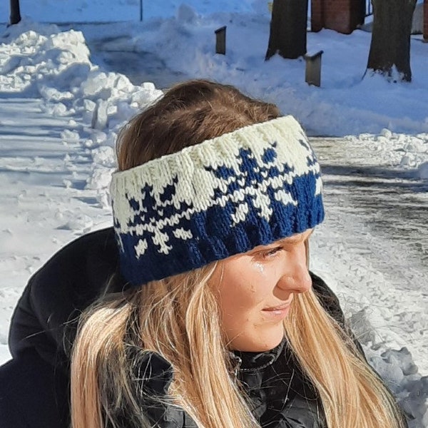 Sensational Snowflakes, winter headband, beginner knitting pattern, earwarmer, women's, icelandic, fair isle, stranded colorwork