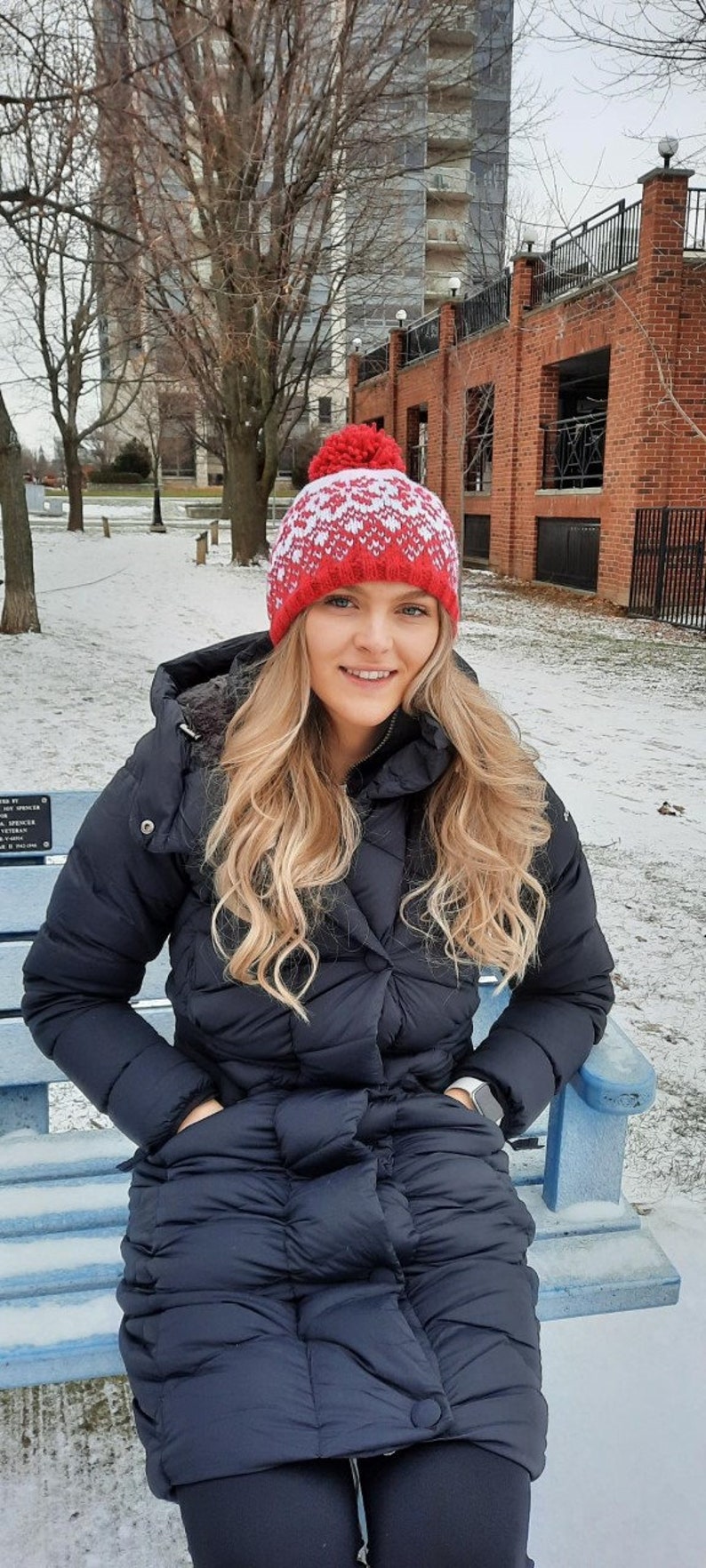 Rebecca Beanie, hat, toque, red and white, adult, beginner knitting pattern, fair isle, norwegian, Icelandic, snowflake, bobble hat image 2