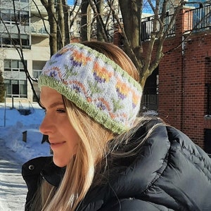 Tulpen op een rij, breipatroon, hoofdband, oorwarmer, skiband, tulp, volwassen, winter, bloem, dames, IJslands, Fair Isle, kleurwerk