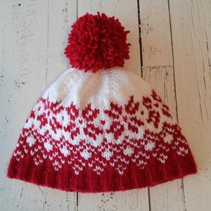 Rebecca Beanie, hat, toque, red and white, adult, beginner knitting pattern, fair isle, norwegian, Icelandic, snowflake, bobble hat image 5