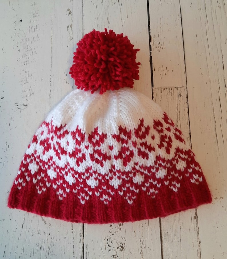 Rebecca Beanie, hat, toque, red and white, adult, beginner knitting pattern, fair isle, norwegian, Icelandic, snowflake, bobble hat image 5