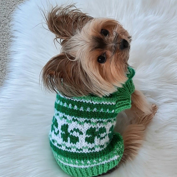 Luck of the Irish, dog sweater, pdf knitting pattern, xxs, xs, small, jumper, coat, St. Patrick's Day, clover, shamrock, fair isle, stranded