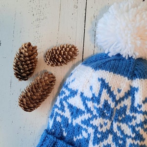 Skylar, snowflake hat, beanie, toque, beginner knitting pattern, stranded colorwork, adult, winter apparel, blue and white, seamless, womens image 5