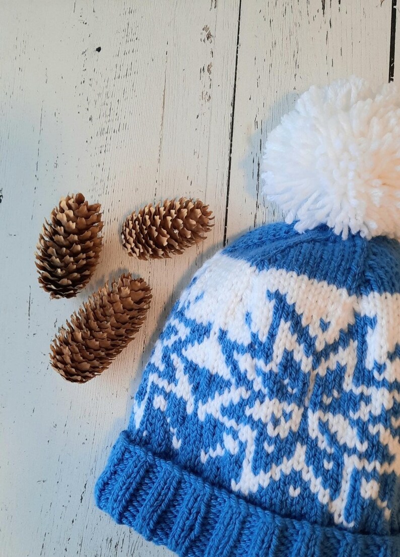 Skylar, snowflake hat, beanie, toque, beginner knitting pattern, stranded colorwork, adult, winter apparel, blue and white, seamless, womens image 5