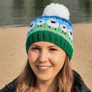 May include: A green, blue, and white knit hat with a white pom pom on top. The hat features a repeating pattern of white sheep with black faces on a green background.