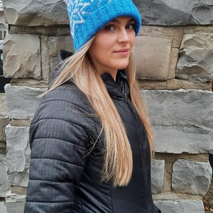 Skylar, snowflake hat, beanie, toque, beginner knitting pattern, stranded colorwork, adult, winter apparel, blue and white, seamless, womens image 2