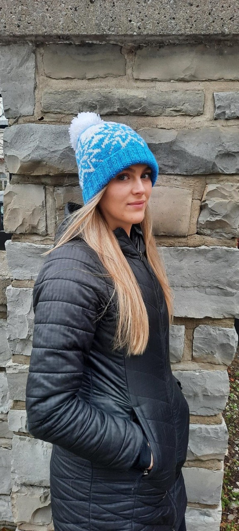 Skylar, snowflake hat, beanie, toque, beginner knitting pattern, stranded colorwork, adult, winter apparel, blue and white, seamless, womens image 2