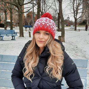 Rebecca Beanie, hat, toque, red and white, adult, beginner knitting pattern, fair isle, norwegian, Icelandic, snowflake, bobble hat image 4