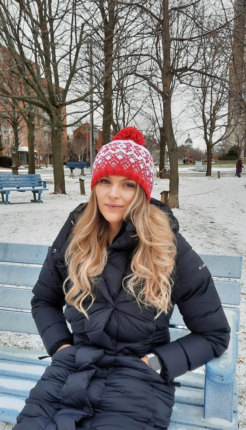 Rebecca Beanie, hat, toque, red and white, adult, beginner knitting pattern, fair isle, norwegian, Icelandic, snowflake, bobble hat image 4
