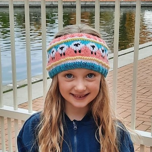 I Love Sheep child headband, knitting pattern, fair isle, animal design, knit in the round, size small, size large, sheep picture, colorwork