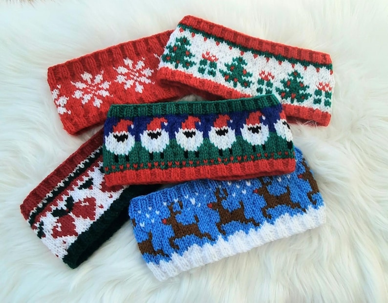 Christmas Festive Adult Pkg of 5, headband patterns, adult, earwarmers, reindeer, snowflake, sheep, Christmas trees, bells, fair isle image 1