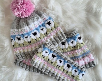 Siobhan, 3 PKG PATTERN SPECIAL, pdf knitting pattern, adult, hat, headband, neck warmer, fair isle, sheep, animal, colorworks, gift idea