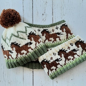 May include: A white and green knitted hat and matching scarf with a brown horse pattern. The hat has a brown pompom on top.