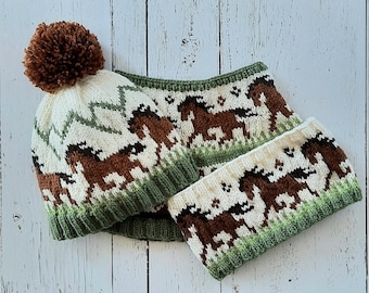 Journey 3 PKG PATTERN SPECIAL, hat, headband and neckwarmer, horse, mountains, adult, knitting in the round, fair isle, colorworks, cowl