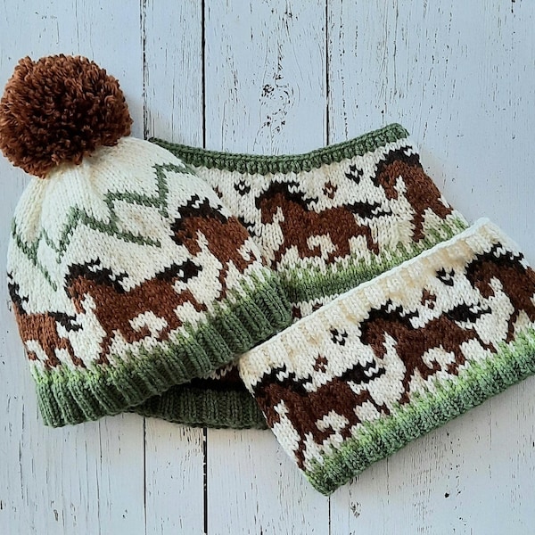 Journey 3 PKG PATTERN SPECIAL, hat, headband and neckwarmer, horse, mountains, adult, knitting in the round, fair isle, colorworks, cowl