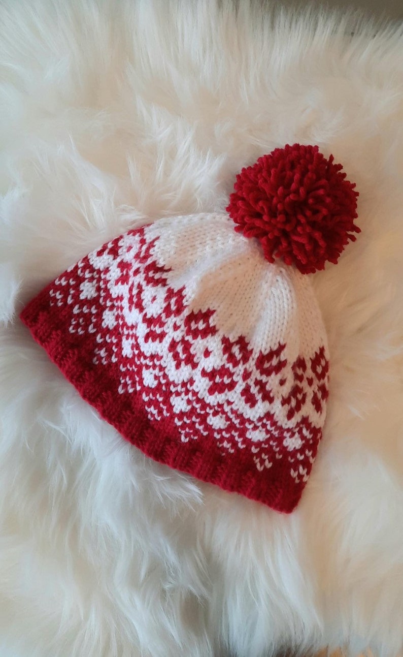 Rebecca Beanie, hat, toque, red and white, adult, beginner knitting pattern, fair isle, norwegian, Icelandic, snowflake, bobble hat image 6