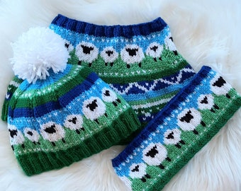 Taylor 3 PKG PATTERN SPECIAL, sheep, animal, adult hat, neck warmer, headband, fair isle, icelandic, knit in the round, gift idea, cowle
