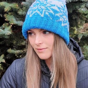 Skylar, snowflake hat, beanie, toque, beginner knitting pattern, stranded colorwork, adult, winter apparel, blue and white, seamless, womens image 6