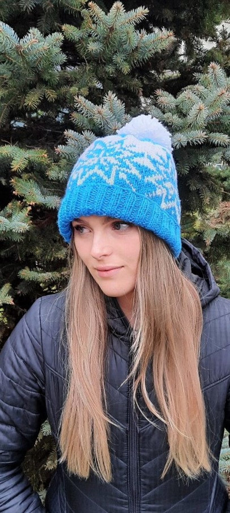 Skylar, snowflake hat, beanie, toque, beginner knitting pattern, stranded colorwork, adult, winter apparel, blue and white, seamless, womens image 6