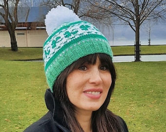 Erin, PDF knitting pattern, St. Patrick's Day, shamrock, clover, womens, teens, Irish, fair isle, Icelandic, beanie, toque, circular needles