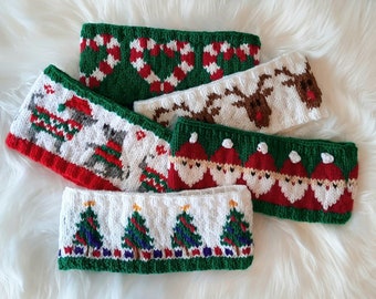 Christmas Pkg of 5 headband knitting patterns, earwarmer, tree, reindeer, santa, tree, present, candy cane, fair isle, icelandic, dog