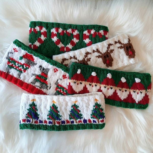 Lot de 5 modèles de bandeau à tricoter, cache-oreilles, sapin, renne, père Noël, sapin, cadeau, canne en bonbon, fair isle, islandais, chien