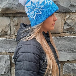 Skylar, snowflake hat, beanie, toque, beginner knitting pattern, stranded colorwork, adult, winter apparel, blue and white, seamless, womens image 3