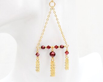 Orecchini Swarovski, orecchini lampadario, perla bordeaux, placcato oro, gioielleria raffinata