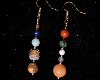 Gemstone Solar System Earrings: Asymmetrical Gold-Plated or Silver-Plated Handmade