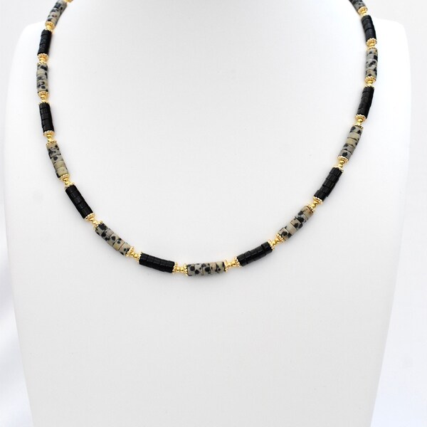 Dalmatian Jasper & Back Agate Necklace, Beaded Choker, Heishi, Gold Plated, Stacking Necklaces