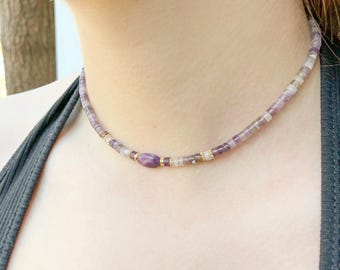 Amethyst Beaded Choker Necklace: Gold Plated Handmade