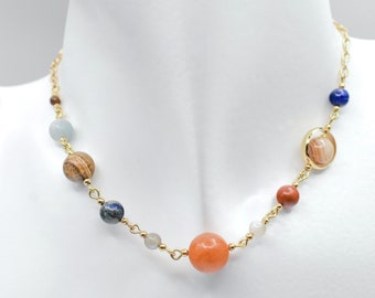 Solar System Necklace, Gemstone Planets, Planetary Choker Necklace, Gold Plated
