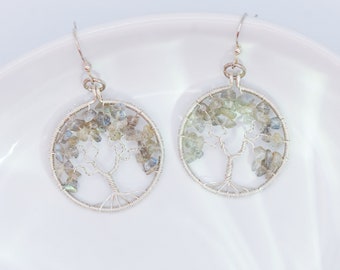 Labradorite Wire Wrap Earrings, Tree of Life