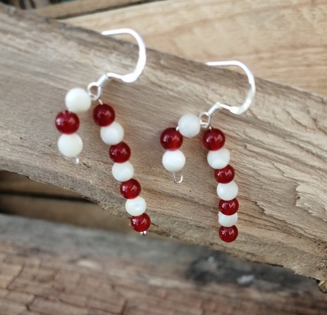 Candy Cane Dangle Drop Earrings,carnelian Bead and Mother of Pearl Bead