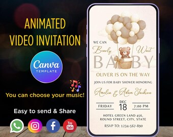May include: Animated video invitation for a baby shower with a teddy bear in a basket surrounded by balloons. The text reads "We can barely wait Baby Oliver is on the way. Join us for baby shower honoring Amelia & Adam Jackson. Friday, December 18, 7:00 PM. Hotel Green Land 456, Round Street, City, State. RSVP to: 1234-567-890."