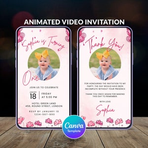 Pink First Birthday Video Invitation: Animated Canva Template