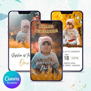 First Birthday Party Video Invitation, Animated Video Invitation, girl birthday, boy birthday, Canva Template