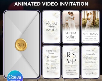 May include: Animated video invitation template. The design features a smartphone-shaped frame with a white envelope and a gold wax seal. Additional screens display wedding details, including the names Sophia and Daniel, date, time, and RSVP information.